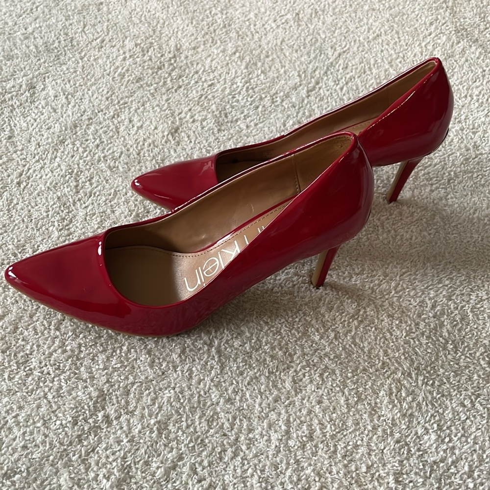 Calvin Klein pointed toe red glossy heels